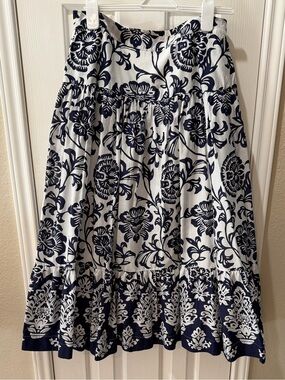 Soft Surroundings White & Navy Floral Tiered Midi Skirt Sz M EUC